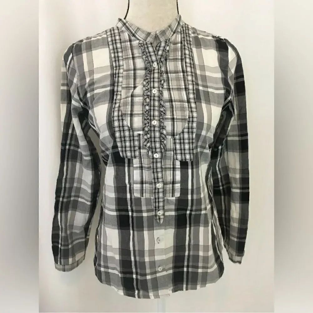 Zara Womens White Gray Black Plaid Long Sleeve Button Down Top Medium